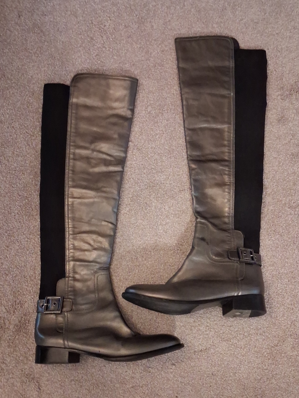 Tory Burch Black-Gold Over-the-Knee Buckle Leather Riding Boots.  8.5